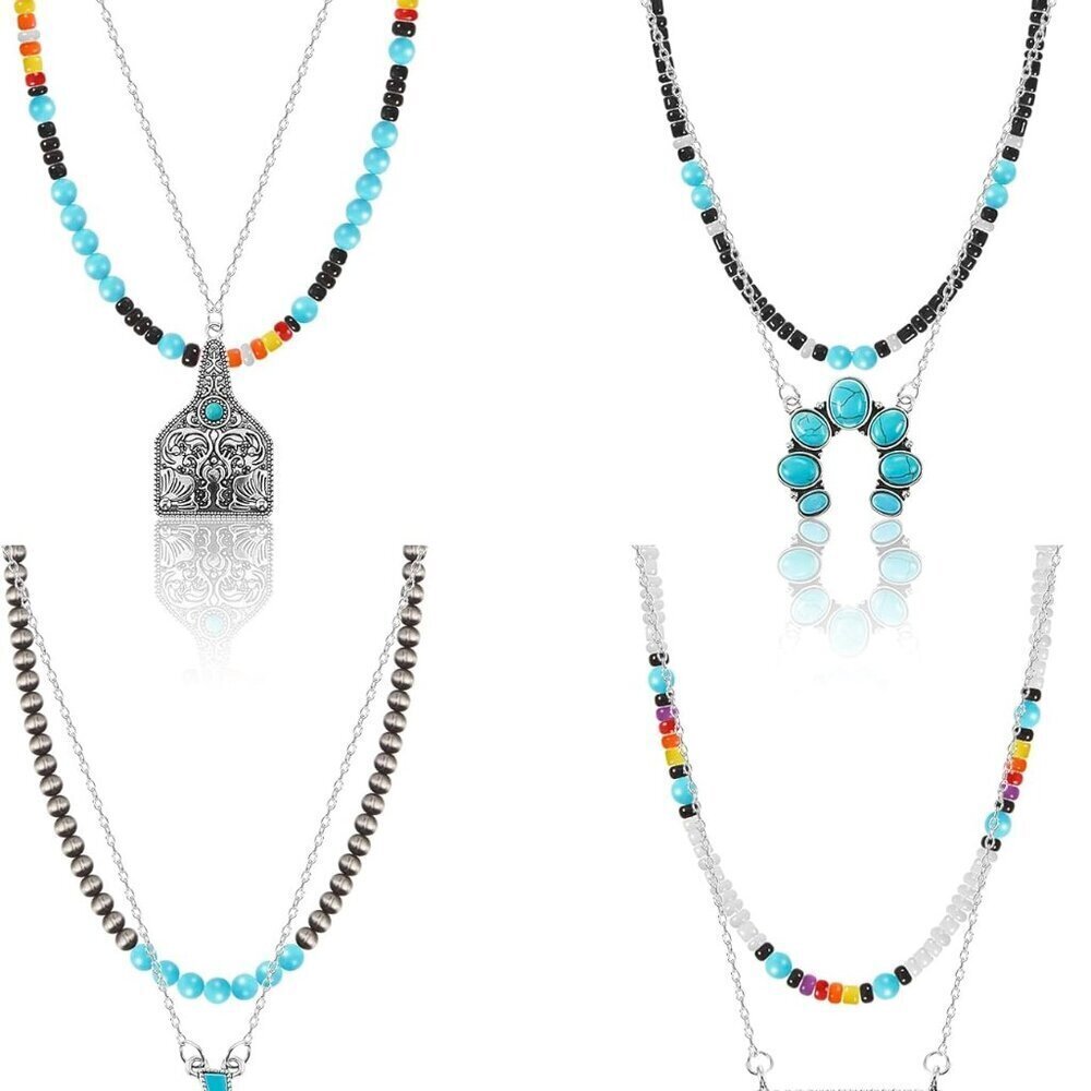 Western Necklace Set 8 Pcs Beaded Chokers Turquoise Jewelry for Women